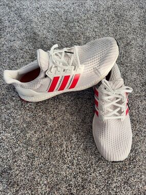 adidas Men’s White Knit Sneakers with Red Stripes